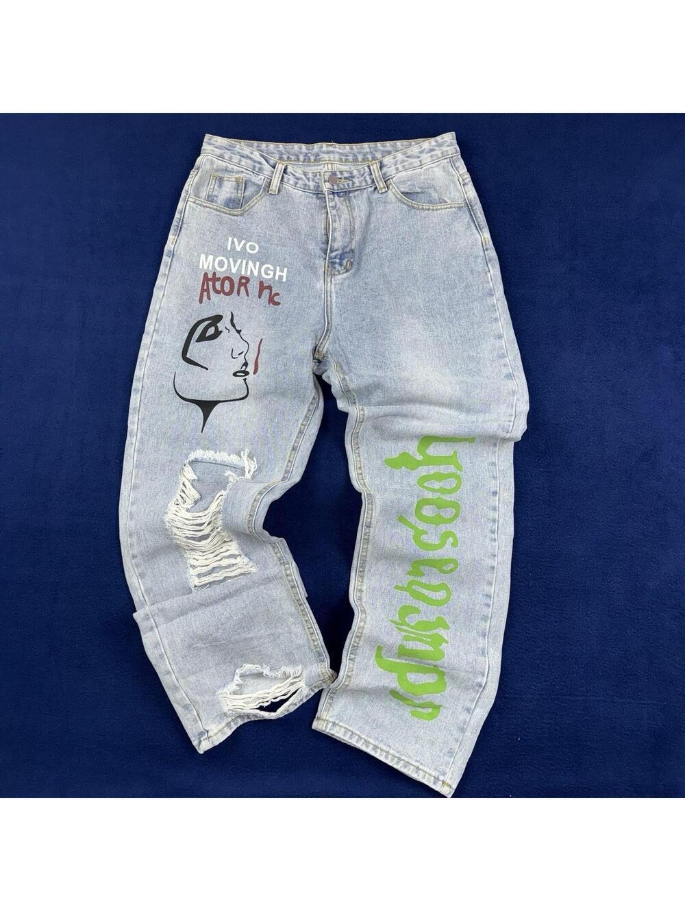 Light Wash Graphic Distressed Jeans Streetwear Painted Denim Size 32x30 Y2K Boho